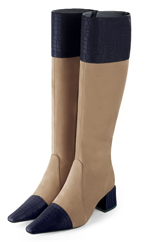 French elegance and refinement for these navy blue and tan beige feminine knee-high boots, 
                available in many subtle leather and colour combinations. Record your foot and leg measurements.
We will adjust this beautiful boot with inner zip to your leg measurements in height and width.
For fans of slim, feminine designs.
You can customise it with your own materials and colours on the "My favourites" page.
 
                Made to measure. Especially suited to thin or thick calves.
                Matching clutches for parties, ceremonies and weddings.   
                You can customize these knee-high boots to perfectly match your tastes or needs, and have a unique model.  
                Choice of leathers, colours, knots and heels. 
                Wide range of materials and shades carefully chosen.  
                Rich collection of flat, low, mid and high heels.  
                Small and large shoe sizes - Florence KOOIJMAN